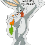 Cartoon character holding a carrot with text 'What's up Doc?' on a white background