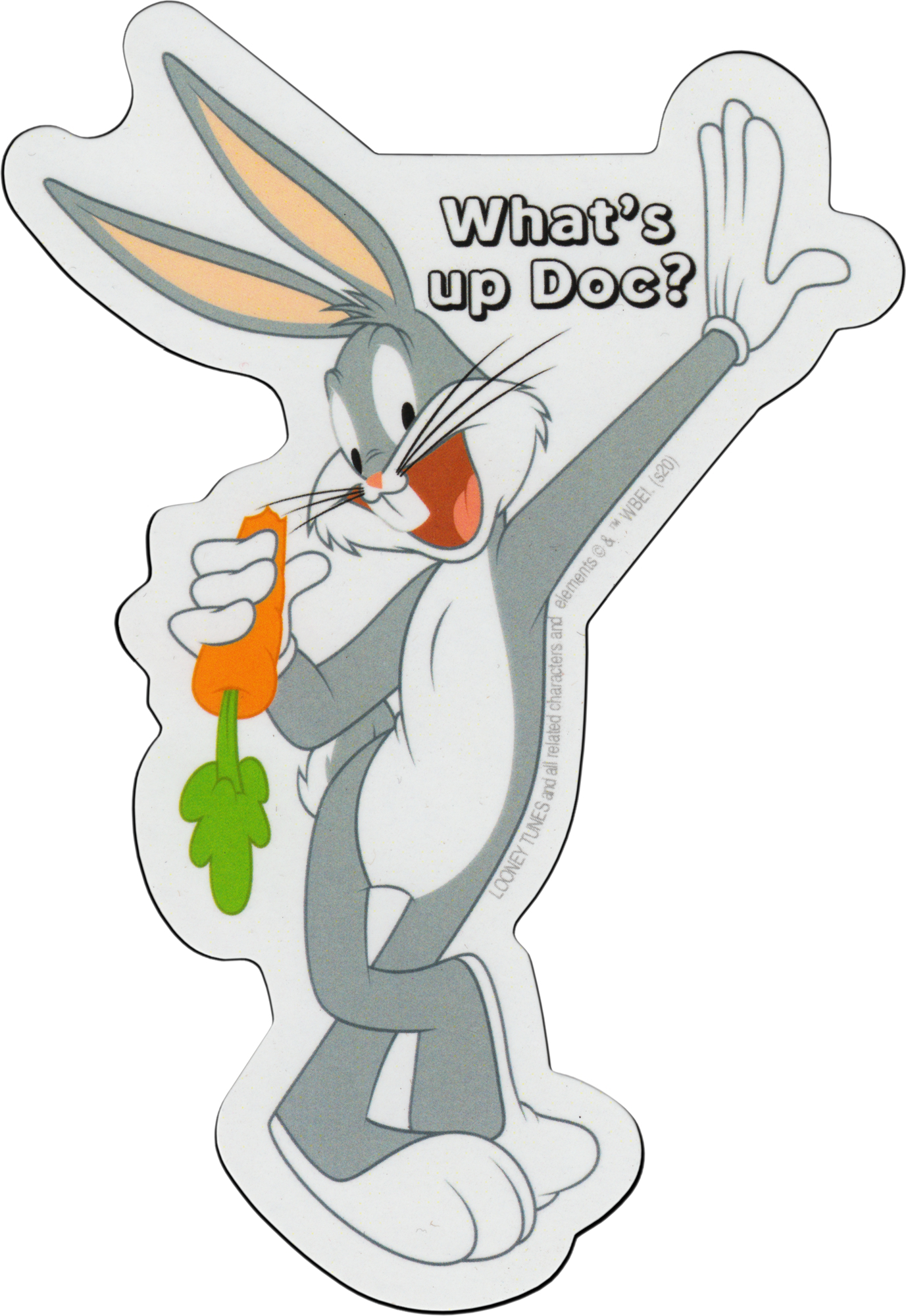 Cartoon character holding a carrot with text 'What's up Doc?' on a white background