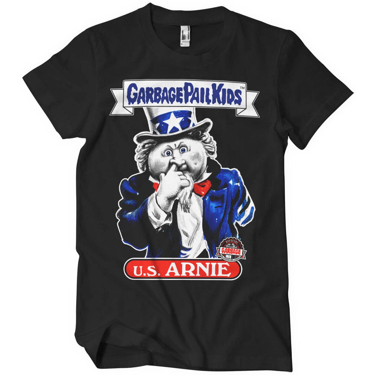 Black t-shirt with 'U.S. Arnie' graphic and Garbage Pail Kids branding on a white background.