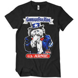 Black t-shirt with 'U.S. Arnie' graphic and Garbage Pail Kids branding on a white background.