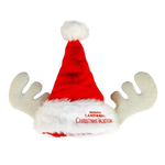 Red plush Santa hat with white faux fur trim, glittery antlers on each side, and “National Lampoon’s Christmas Vacation” embroidered on the brim.