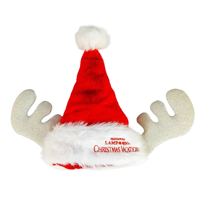 Red plush Santa hat with white faux fur trim, glittery antlers on each side, and “National Lampoon’s Christmas Vacation” embroidered on the brim.