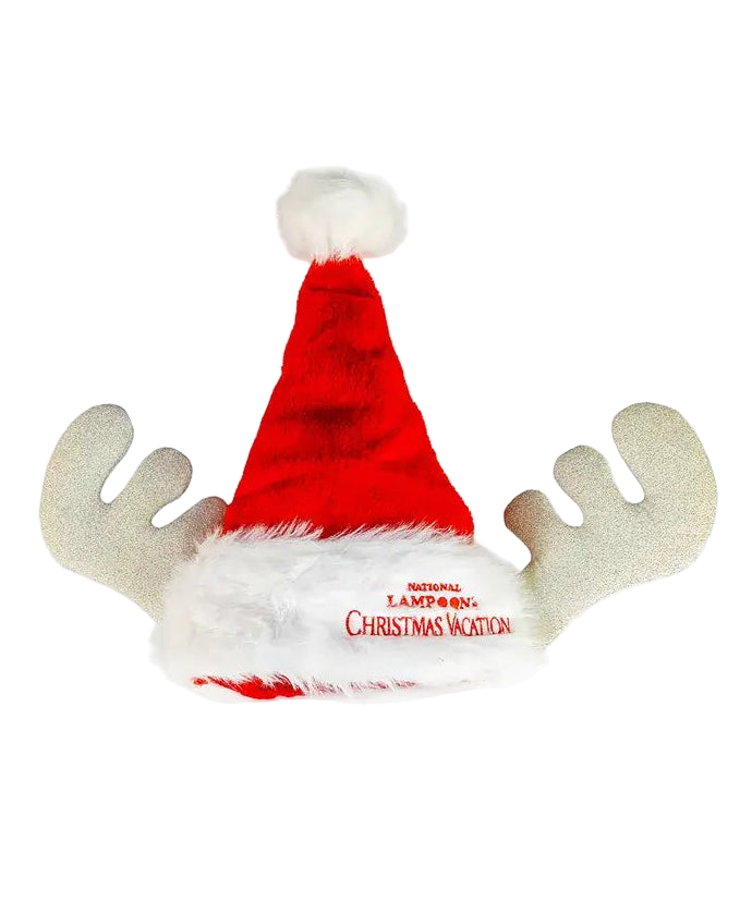 Red plush Santa hat with white faux fur trim, glittery antlers on each side, and “National Lampoon’s Christmas Vacation” embroidered on the brim.