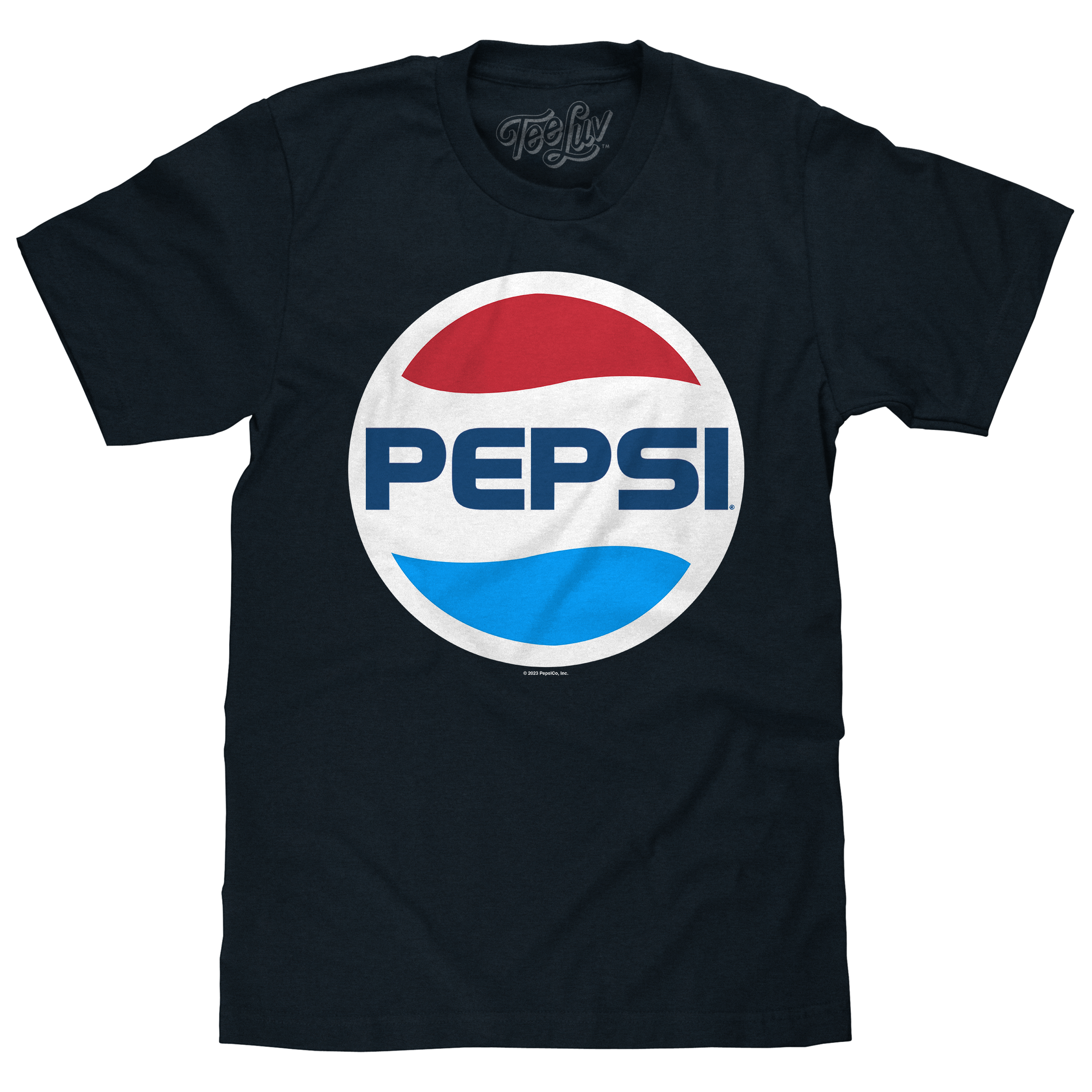 Navy t-shirt with the classic red, white, and blue Pepsi circle logo across the chest.