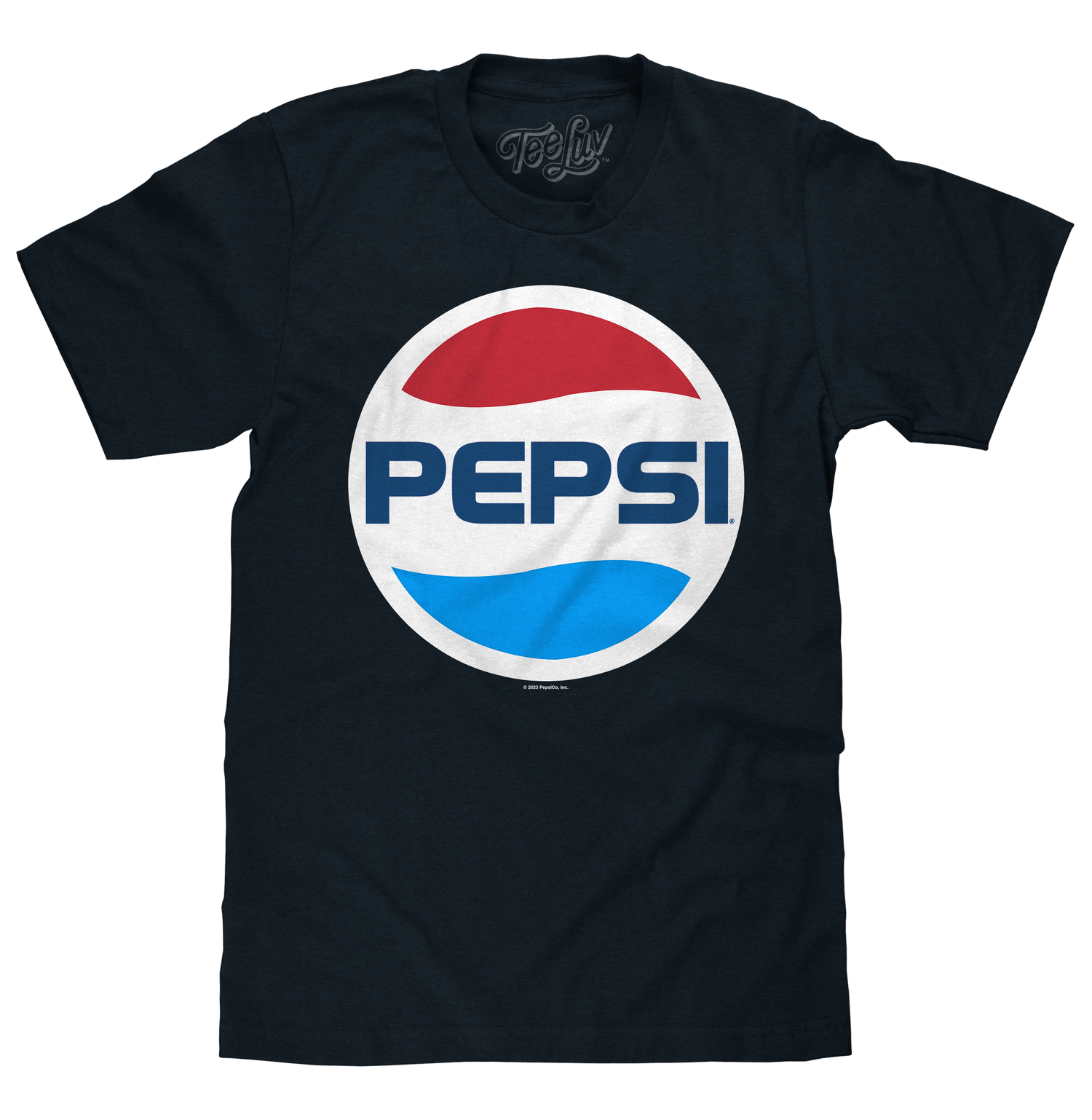 Navy t-shirt with the classic red, white, and blue Pepsi circle logo across the chest.