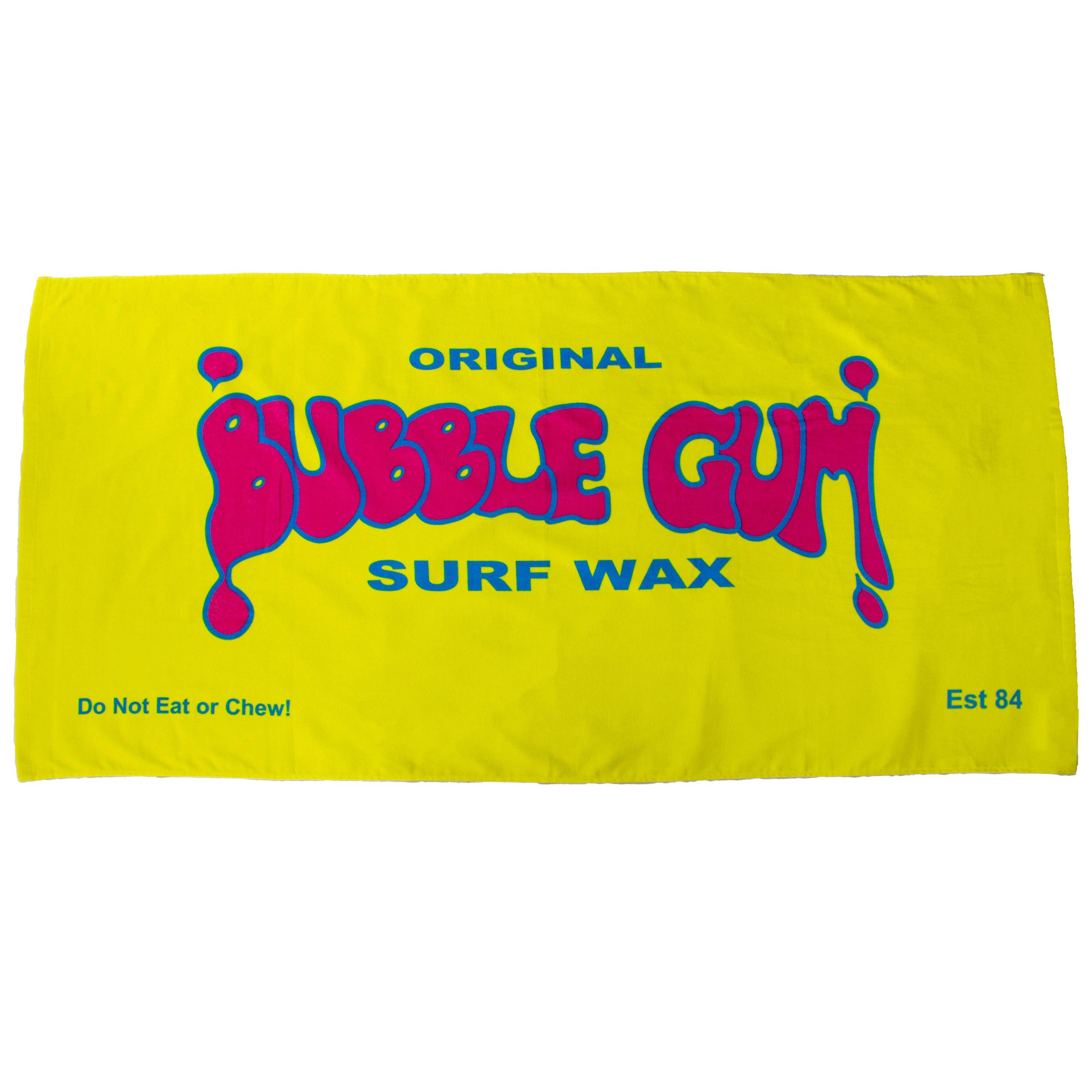 Bright yellow Bubble Gum Surf Wax beach towel featuring oversized pink and blue logo artwork with Est 84 branding