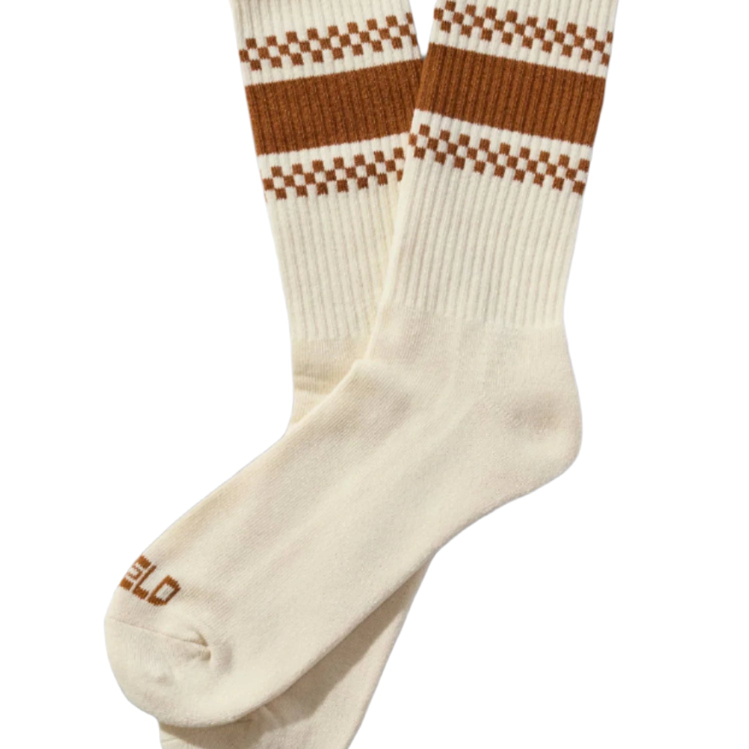 White socks with brown checkered stripes on a beige background