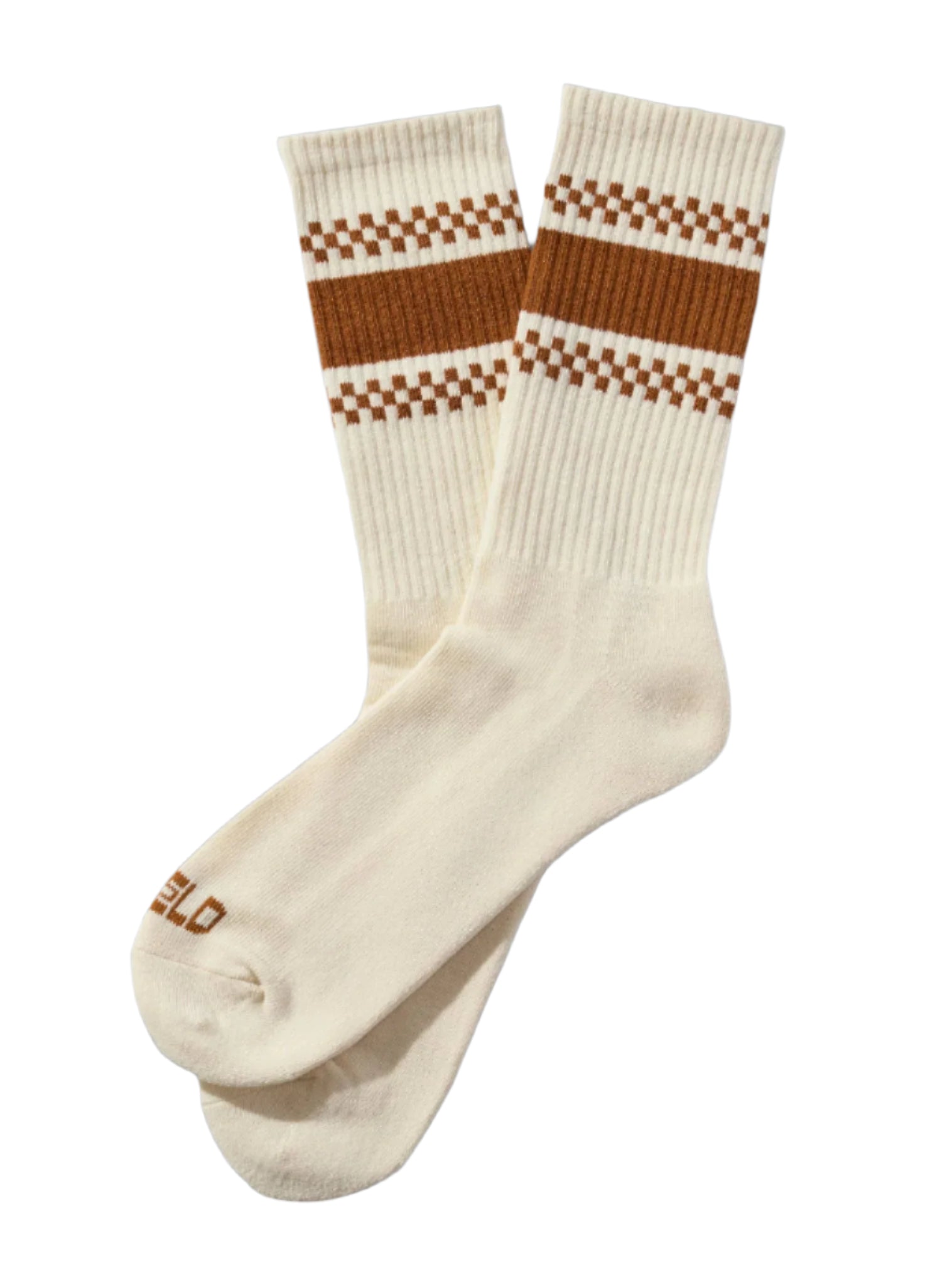 White socks with brown checkered stripes on a beige background