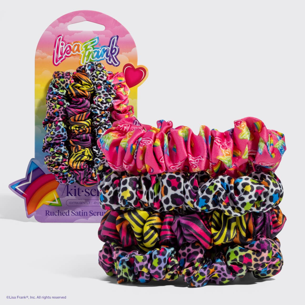 Lisa Frank x Kitsch rainbow leopard satin scrunchies