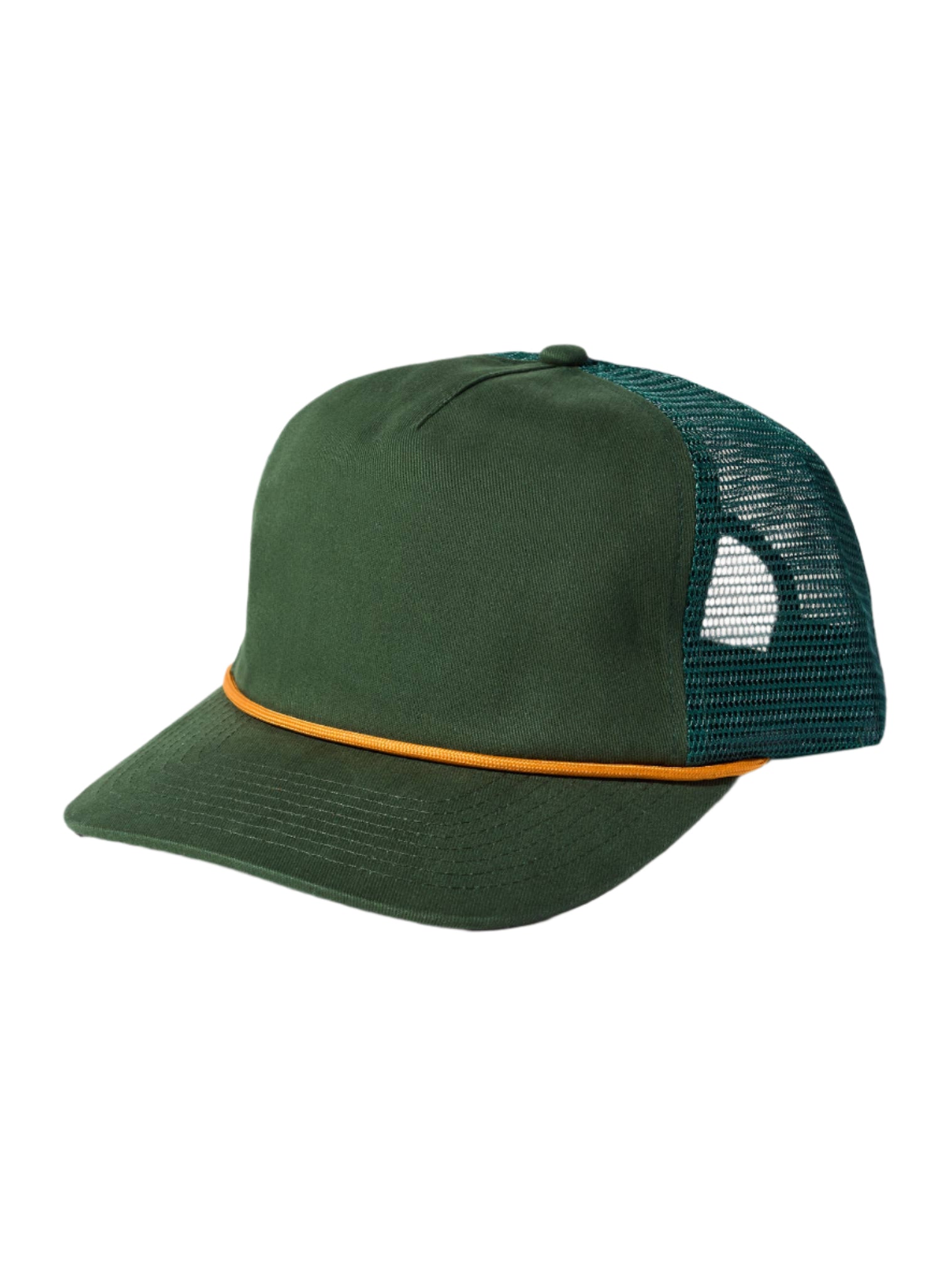 Green mesh cap with orange band on a beige background