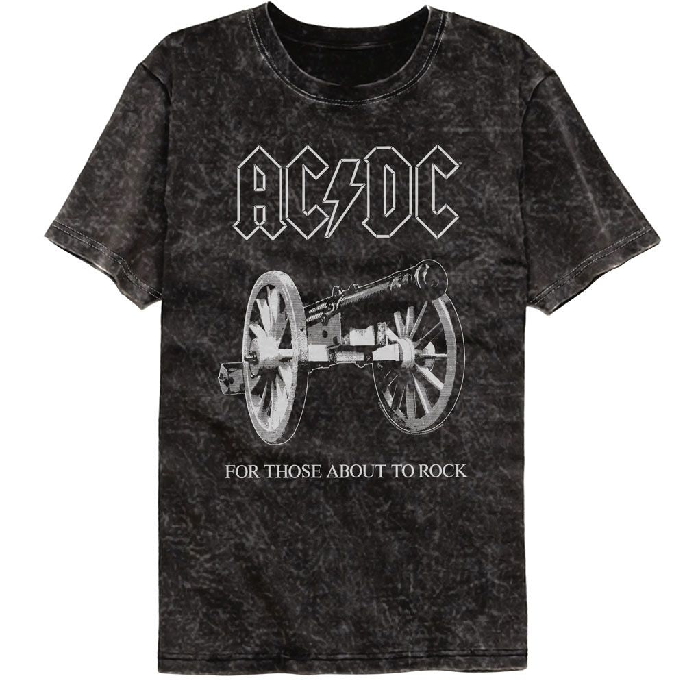 Black mineral wash AC/DC t-shirt with white cannon graphic and “For Those About To Rock” text.
