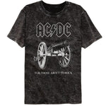 Black mineral wash AC/DC t-shirt with white cannon graphic and “For Those About To Rock” text.