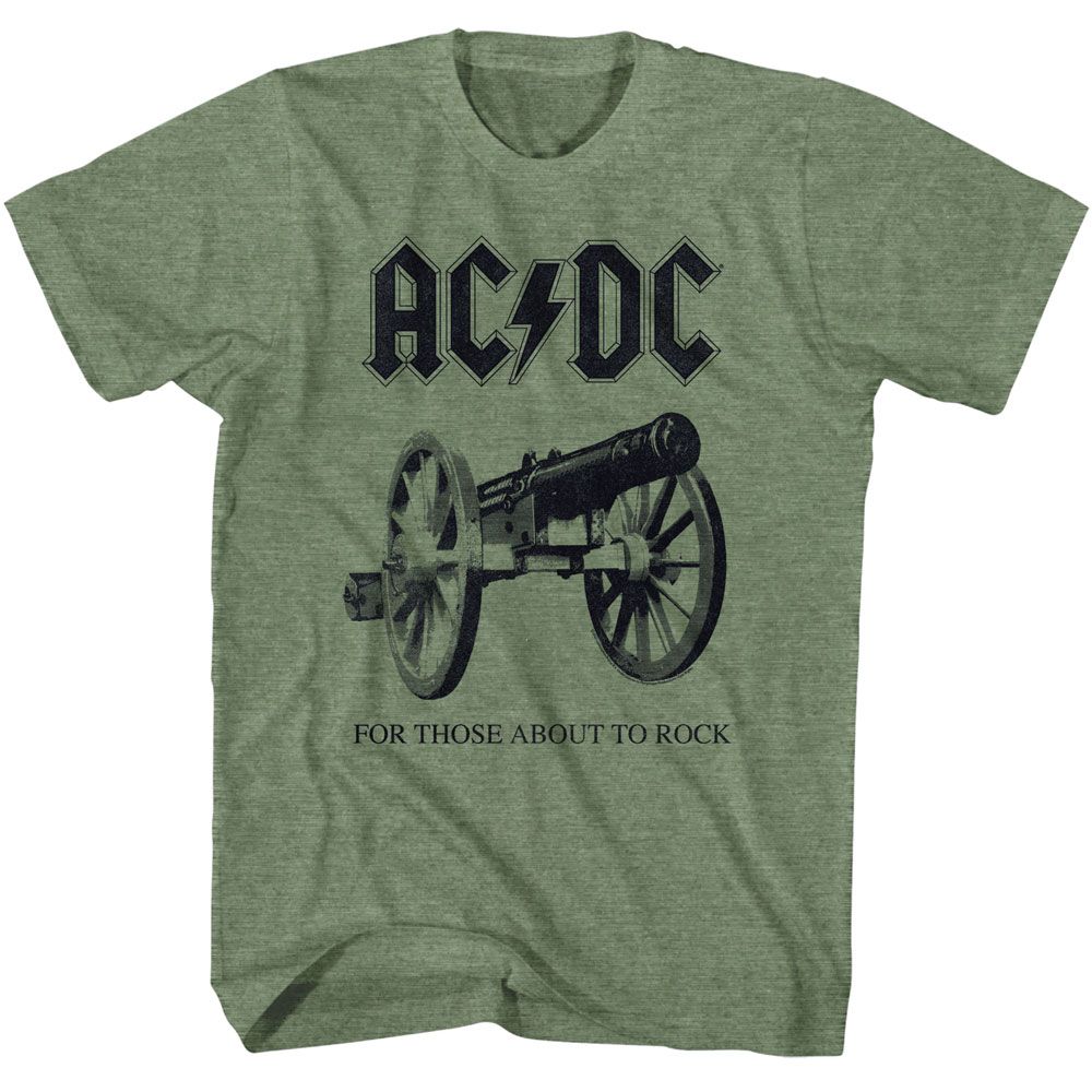 Military green heather AC/DC t-shirt with black cannon graphic and “For Those About To Rock” text.