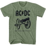 Military green heather AC/DC t-shirt with black cannon graphic and “For Those About To Rock” text.
