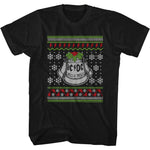 Black t-shirt featuring an AC/DC Hells Bells knit-style Christmas pattern with snowflakes, holly, and red lightning bolts.
