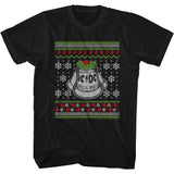 Black t-shirt featuring an AC/DC Hells Bells knit-style Christmas pattern with snowflakes, holly, and red lightning bolts.