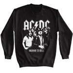 Black AC/DC crewneck sweatshirt with large black-and-white band photo and “Highway to Hell” text.