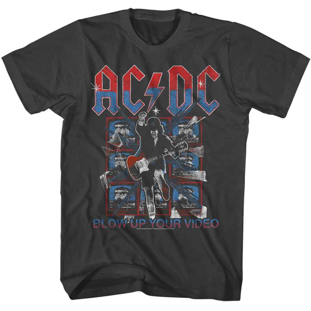 Black AC/DC t-shirt with distressed “Blow Up Your Video” artwork featuring Angus Young and shattered TV screens.