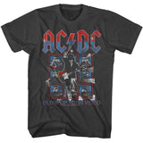 Black AC/DC t-shirt with distressed “Blow Up Your Video” artwork featuring Angus Young and shattered TV screens.