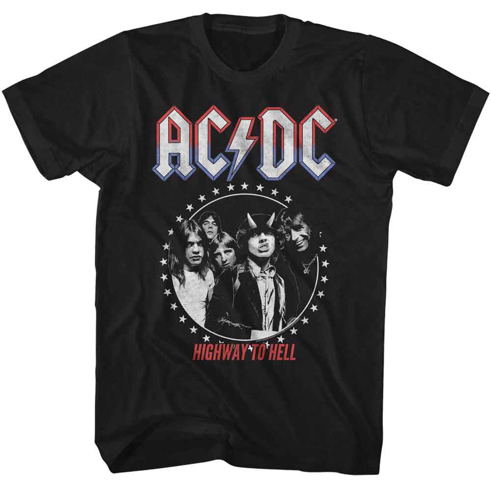 Black AC/DC T-shirt with distressed logo and circular band photo graphic reading “Highway to Hell.”