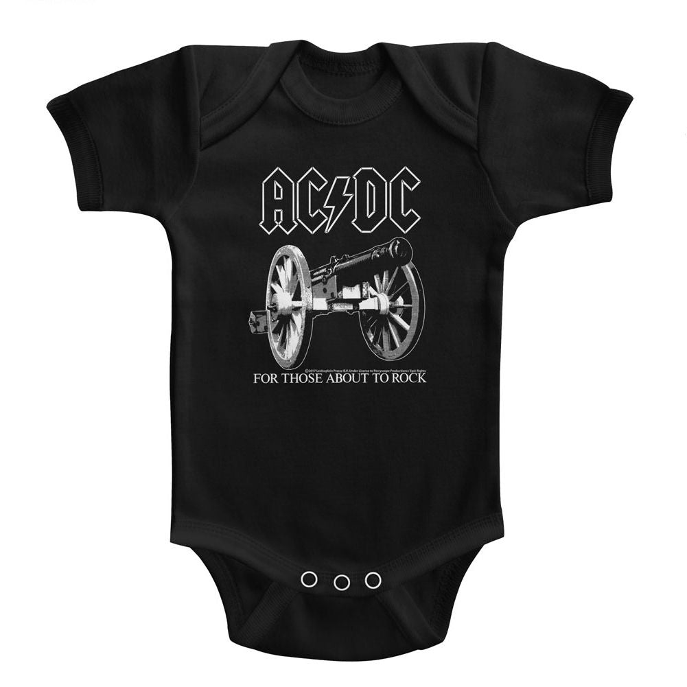 Black AC DC For Those About To Rock baby onsie featuring iconic cannon graphic and classic rock band design