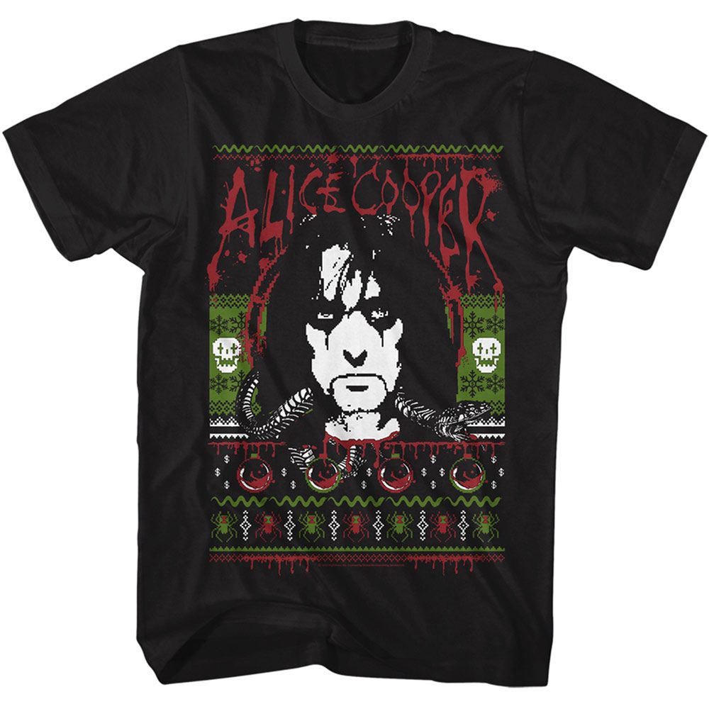 Black t-shirt featuring a knit-style Alice Cooper portrait with dripping red accents, skulls, spiders, and holiday sweater patterns.