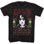 Black t-shirt featuring a knit-style Alice Cooper portrait with dripping red accents, skulls, spiders, and holiday sweater patterns.