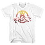White T-shirt with distressed vintage Aerosmith logo in red and yellow gradient.