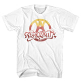 White T-shirt with distressed vintage Aerosmith logo in red and yellow gradient.