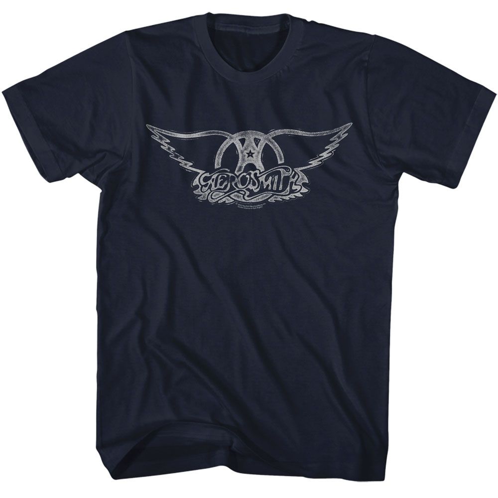  Navy T-shirt with distressed white Aerosmith winged logo graphic.