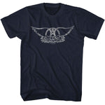  Navy T-shirt with distressed white Aerosmith winged logo graphic.