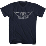  Navy T-shirt with distressed white Aerosmith winged logo graphic.