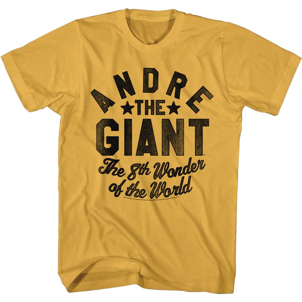 Yellow Andre The Giant The 8th Wonder of the World graphic t-shirt featuring bold vintage wrestling typography