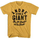 Yellow Andre The Giant The 8th Wonder of the World graphic t-shirt featuring bold vintage wrestling typography