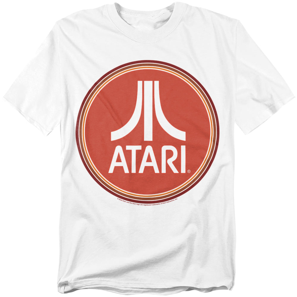 White t-shirt featuring the classic Atari logo inside a large retro red circle with double ring borders, giving it a vintage badge-style look.