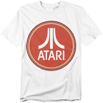 White t-shirt featuring the classic Atari logo inside a large retro red circle with double ring borders, giving it a vintage badge-style look.