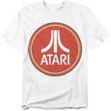 White t-shirt featuring the classic Atari logo inside a large retro red circle with double ring borders, giving it a vintage badge-style look.