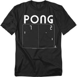 Black t-shirt featuring a retro Pong game screen graphic with the word "PONG" above a simple white outline of the court, paddles, ball, and a score of 7 to 2.