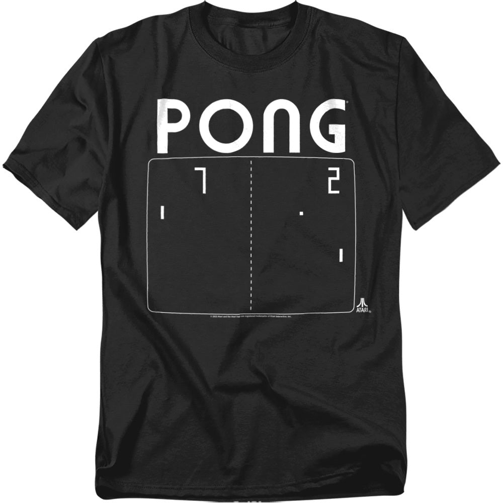 Black t-shirt featuring a retro Pong game screen graphic with the word "PONG" above a simple white outline of the court, paddles, ball, and a score of 7 to 2.