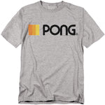 Heather gray t-shirt featuring a retro Pong design with bold black text "PONG" and three vertical gradient bars in orange and yellow to the left.