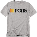 Heather gray t-shirt featuring a retro Pong design with bold black text "PONG" and three vertical gradient bars in orange and yellow to the left.