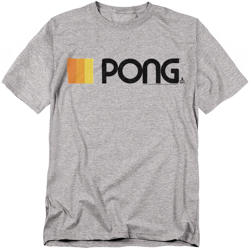 Heather gray t-shirt featuring a retro Pong design with bold black text "PONG" and three vertical gradient bars in orange and yellow to the left.