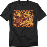 Black t-shirt featuring fiery orange artwork from Atari’s Tempest, with geometric explosions and alien-like figures surrounding the game’s bold title at the top