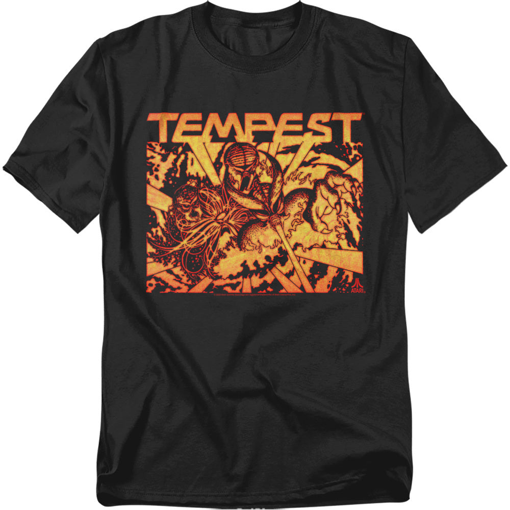 Black t-shirt featuring fiery orange artwork from Atari’s Tempest, with geometric explosions and alien-like figures surrounding the game’s bold title at the top
