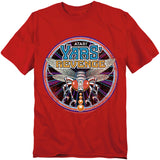 Bright red t-shirt featuring retro Atari Yars’ Revenge artwork, with a robotic insect design in bold detail inside a circular cosmic frame with the title above.