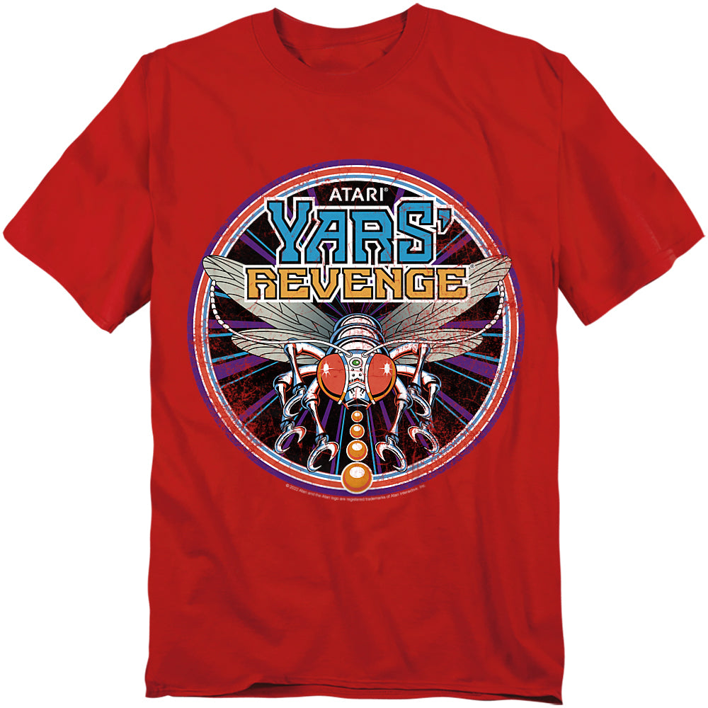 Bright red t-shirt featuring retro Atari Yars’ Revenge artwork, with a robotic insect design in bold detail inside a circular cosmic frame with the title above.
