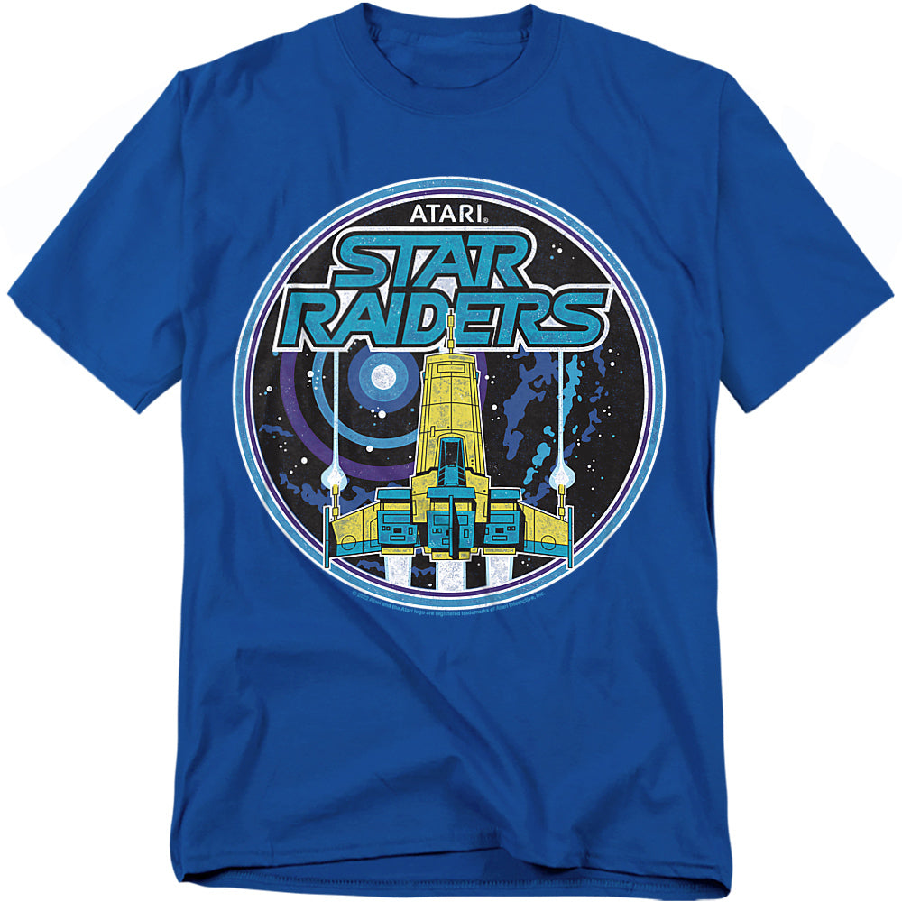 Bright blue t-shirt featuring retro Atari Star Raiders artwork, with a bold yellow and blue spaceship flying through a circular galactic design against a starry background.