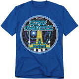 Bright blue t-shirt featuring retro Atari Star Raiders artwork, with a bold yellow and blue spaceship flying through a circular galactic design against a starry background.
