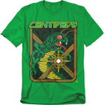 Bright green t-shirt featuring vintage Atari Centipede artwork with a large menacing centipede, glowing red eyes, and neon-style laser blast framed in retro arcade graphics.
