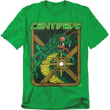 Bright green t-shirt featuring vintage Atari Centipede artwork with a large menacing centipede, glowing red eyes, and neon-style laser blast framed in retro arcade graphics.